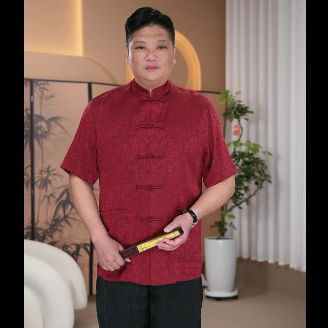 大码男士真丝夏季中老年短袖套装新款桑蚕丝爸爸休闲薄款唐装上衣