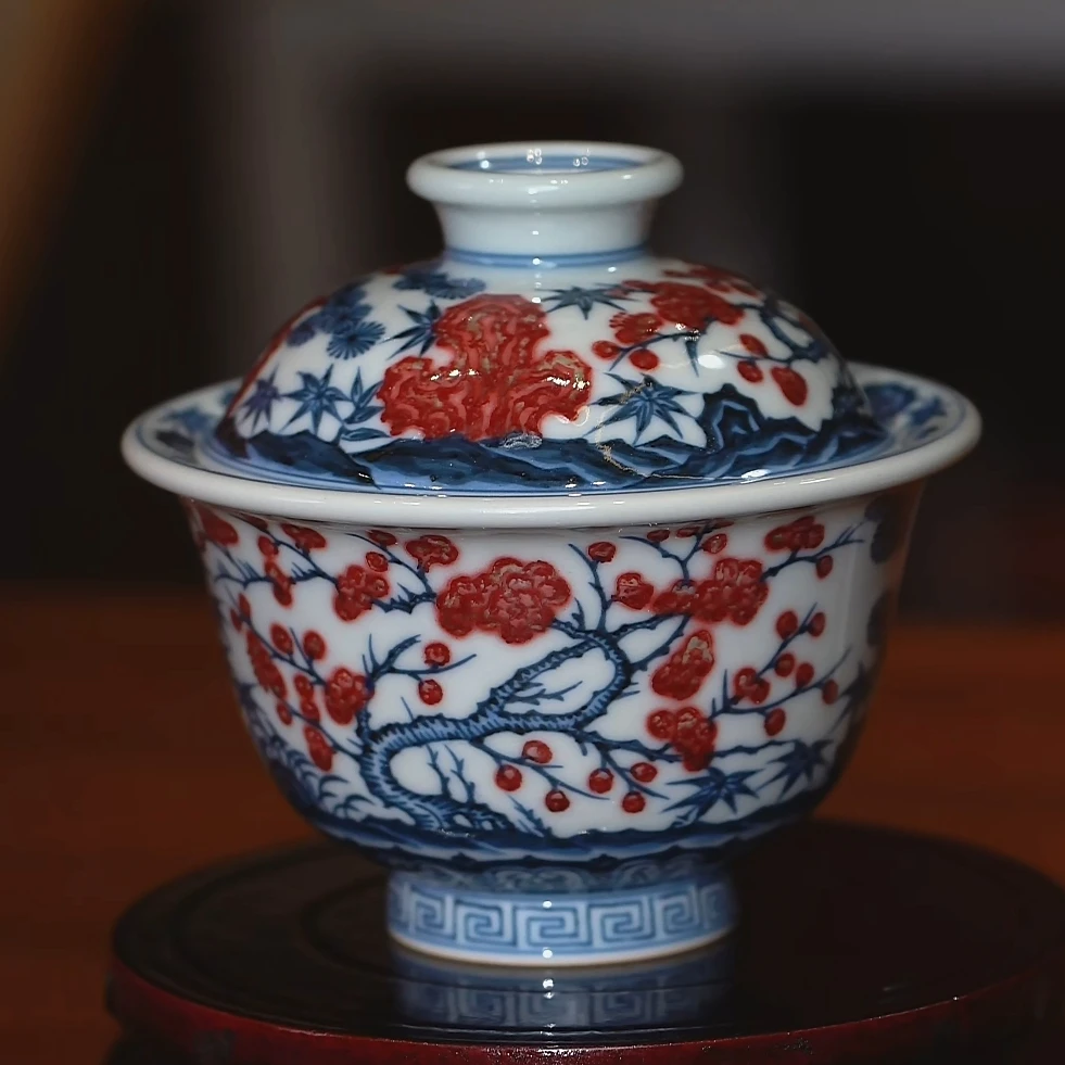 【不晓堂】柴窑青花釉里红松竹梅盖碗