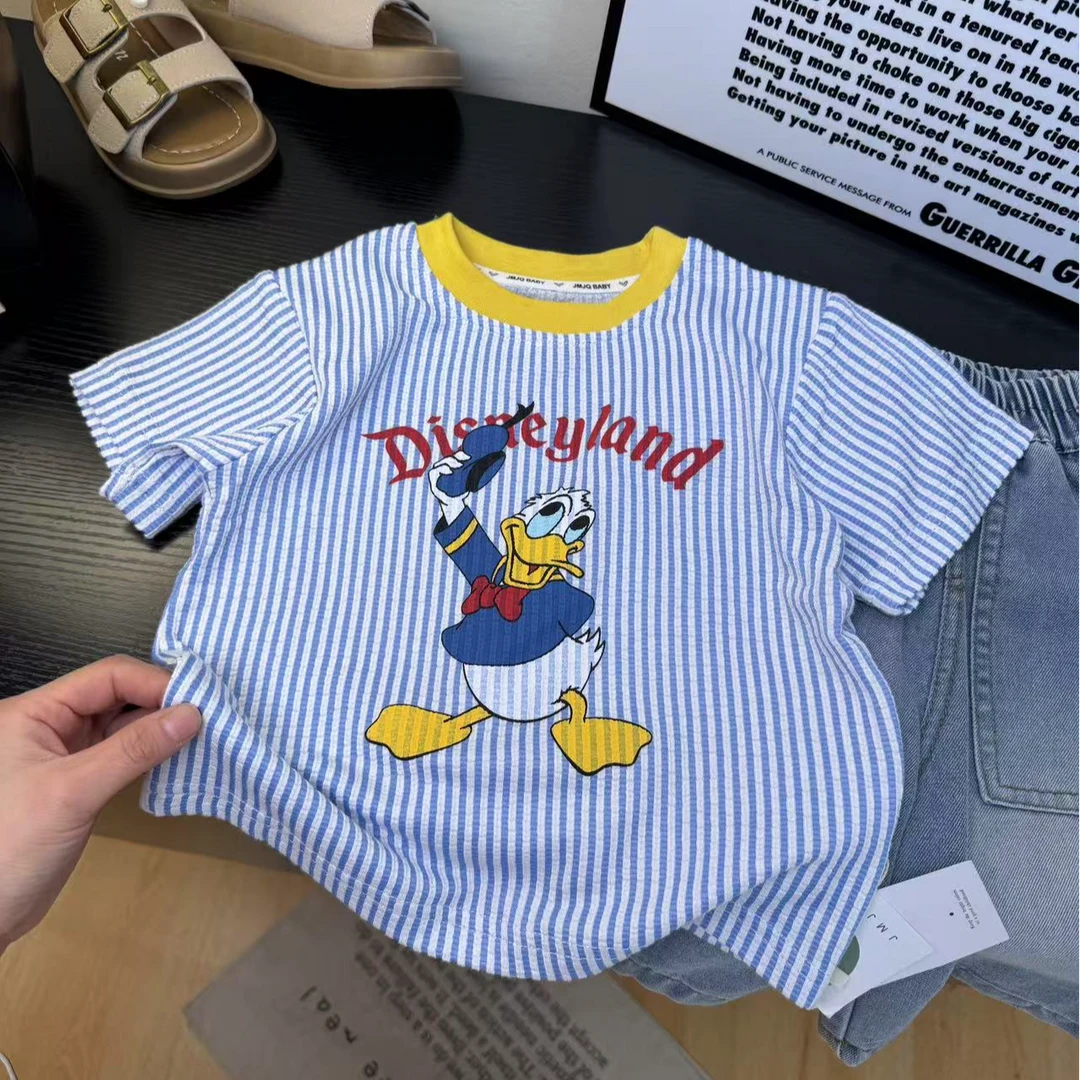 YM 【JMJQ 25251】夏季新款儿童唐唐鸭印花休闲圆领百搭条纹短袖