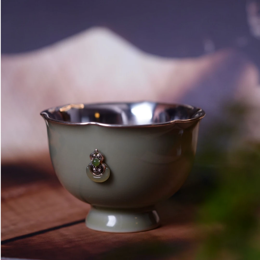秘色釉葫芦镶嵌玉兰高足银杯复古家用陶瓷纯手工主人杯绿色中式