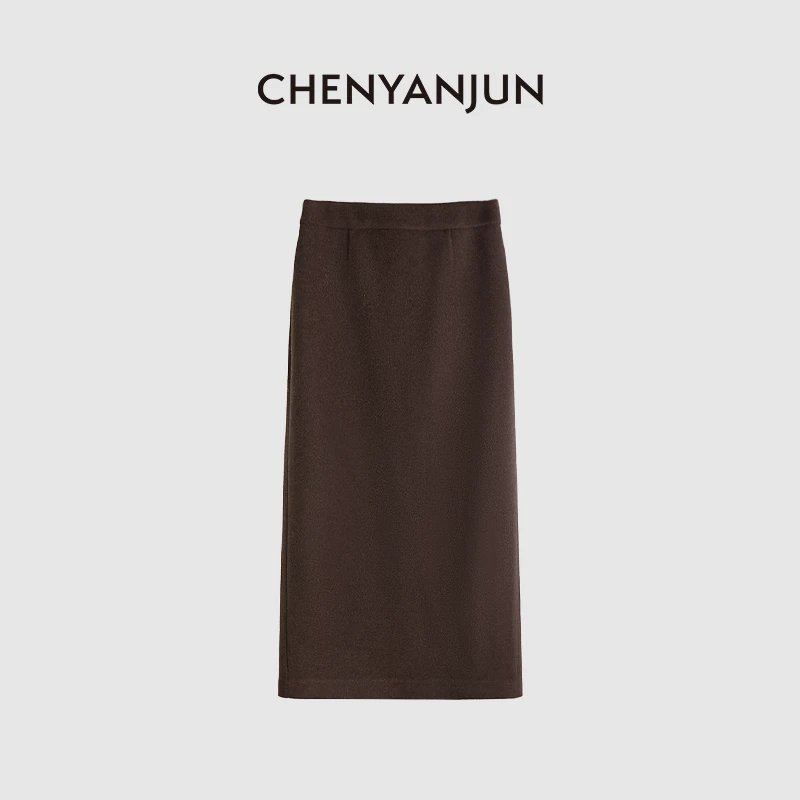 陈妍君【摩卡棕羊毛中腰显瘦松紧腰直筒半身裙 CYJ01-TTO124-T205