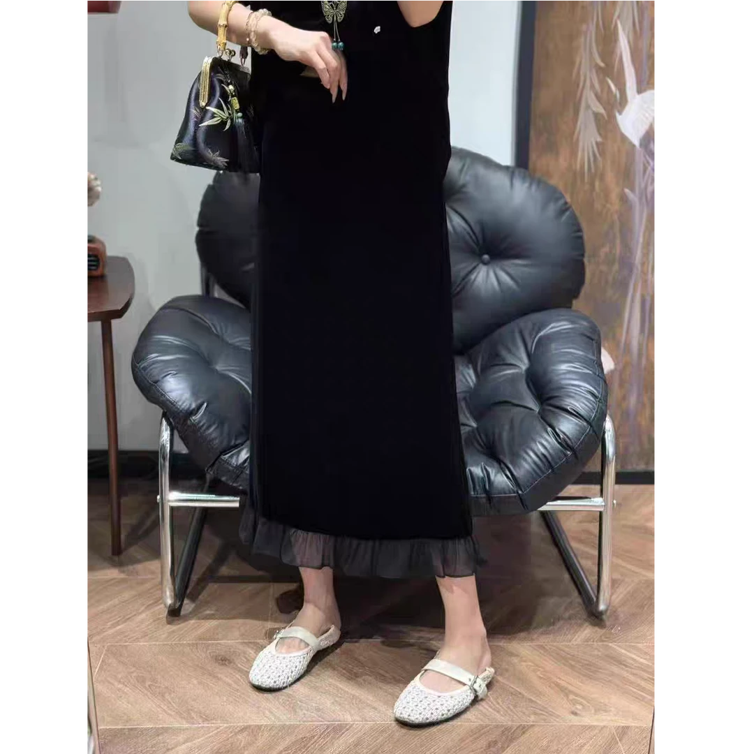 2025秋季新款网纱拼接丝绒开叉半身裙女高腰宽松显瘦洋气百搭长裙