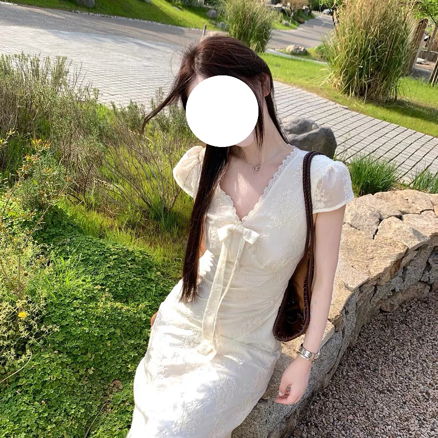 甜粿妹妹「雾里看花」法式设计感优雅雪纺连衣裙褶皱V领长裙夏季