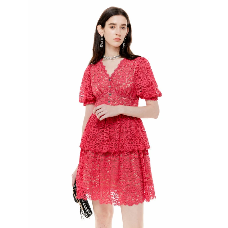 MISSCOCOON夏V领泡泡袖层叠连衣裙0061