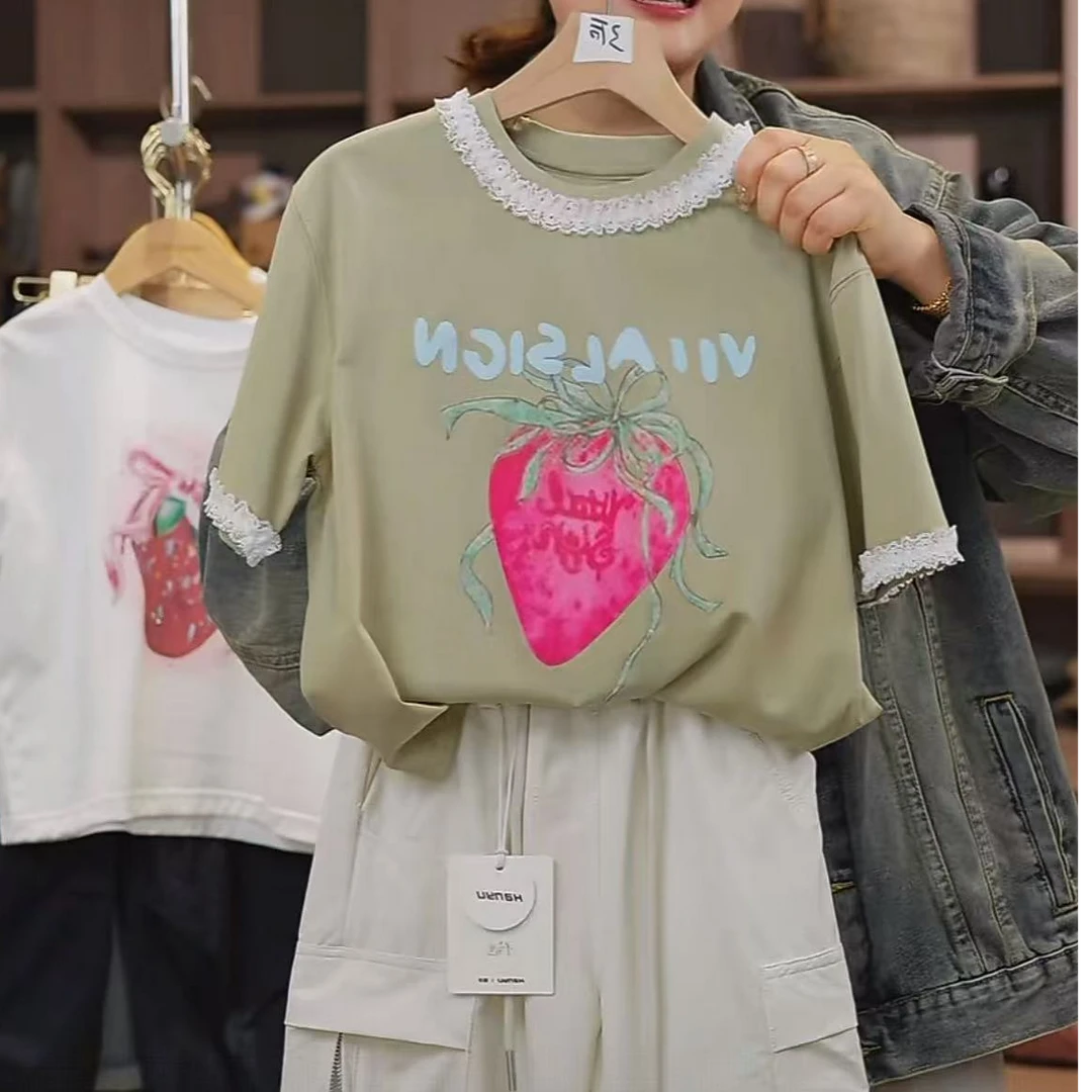 503050 韩版男童女童休闲舒适时尚洋气百搭印花新款花边短袖