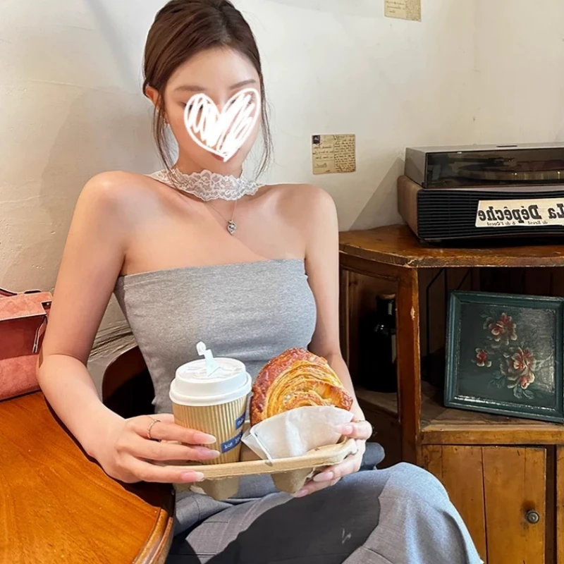 夏季纯色蕾丝挂脖吊带背心内搭外穿带胸垫美背性感辣妹风上衣