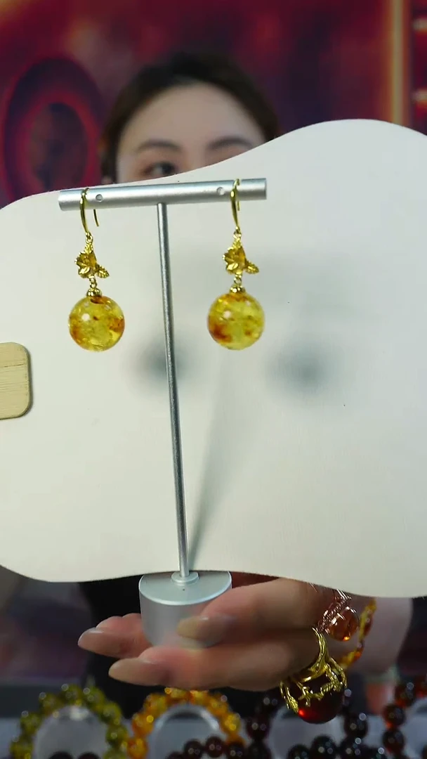 琥珀银S925镶嵌耳饰天然俄罗斯花珀耳环 16mm+ 设计款