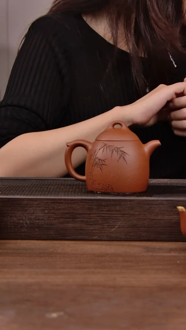 茶壶紫砂红清水秦权！！！刻绘 竹子  200CC