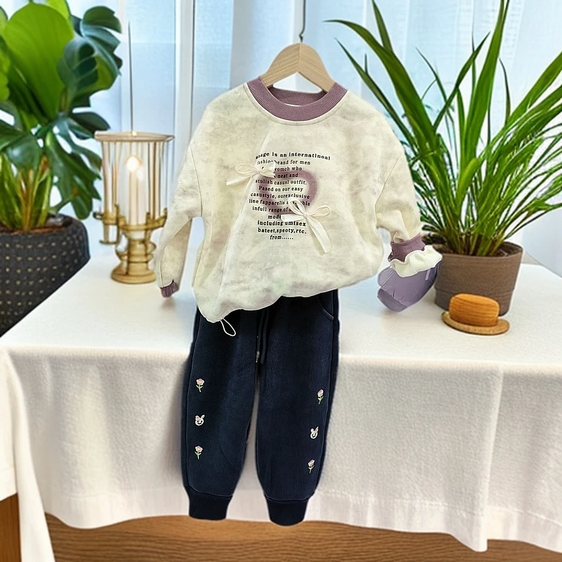 春款精美蝴蝶结抽绳薄绒卫衣女童