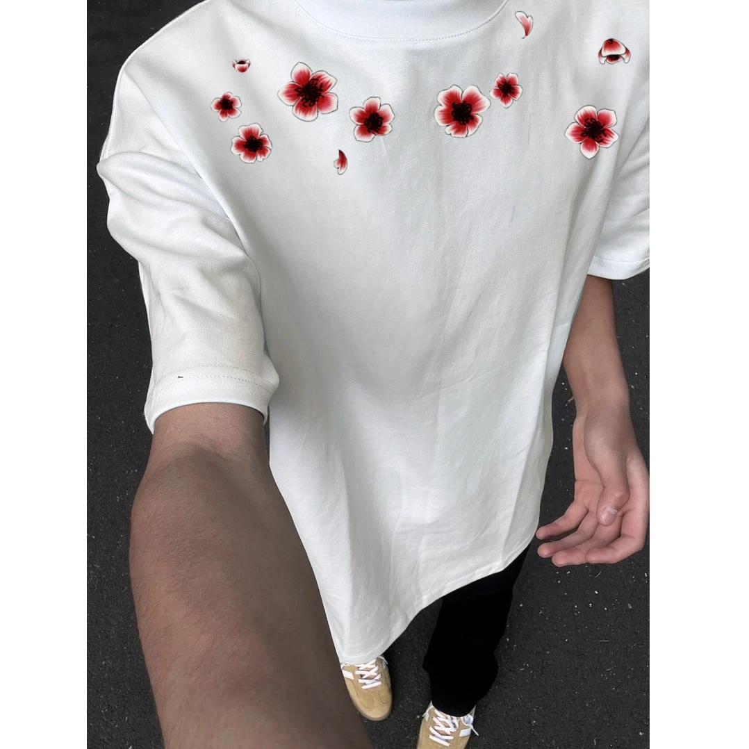 美式ins风花朵设计感印花短袖T恤男小众潮牌重磅纯棉圆领情侣上衣