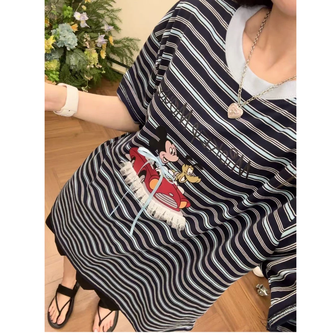 慵懒宽松大版撞色条纹圆领短袖T恤#66310