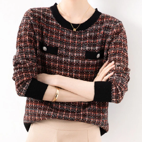 天山甄选100绵羊毛常规款女拼色提花羊毛衫打底衫YTNL1758T-132