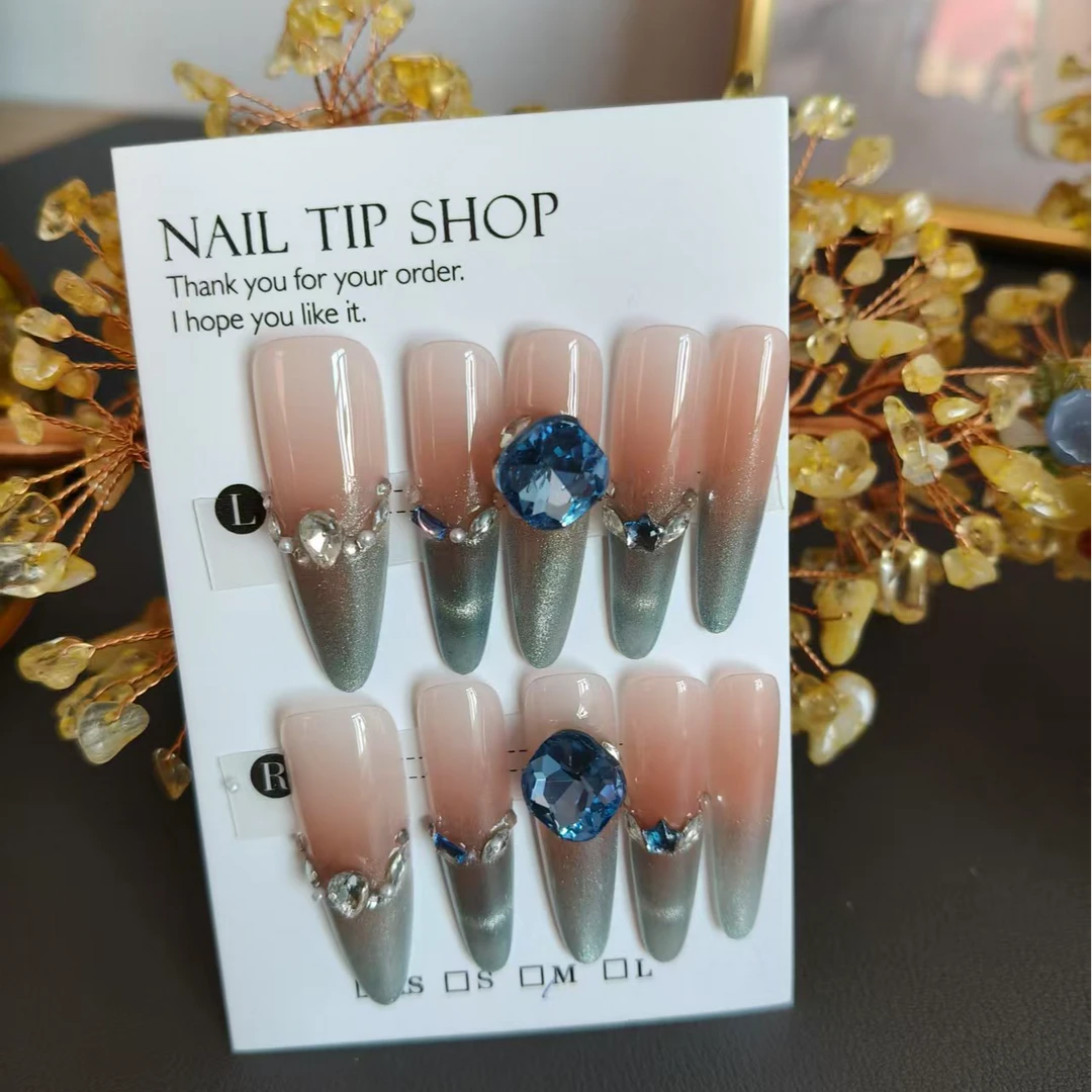 【柔雾蓝】细狗尖 2025新款高级感轻奢纯手工穿戴甲蓝色气质冰透