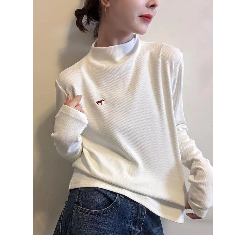 设计感秋冬新款半高领卡通小马刺绣薄绒长袖T恤女打底内搭女上衣