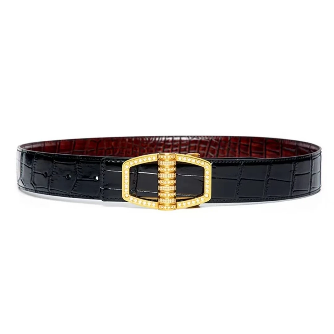 3.8宽镀金镶钻8扣双色双面鳄鱼皮商务高档腰带