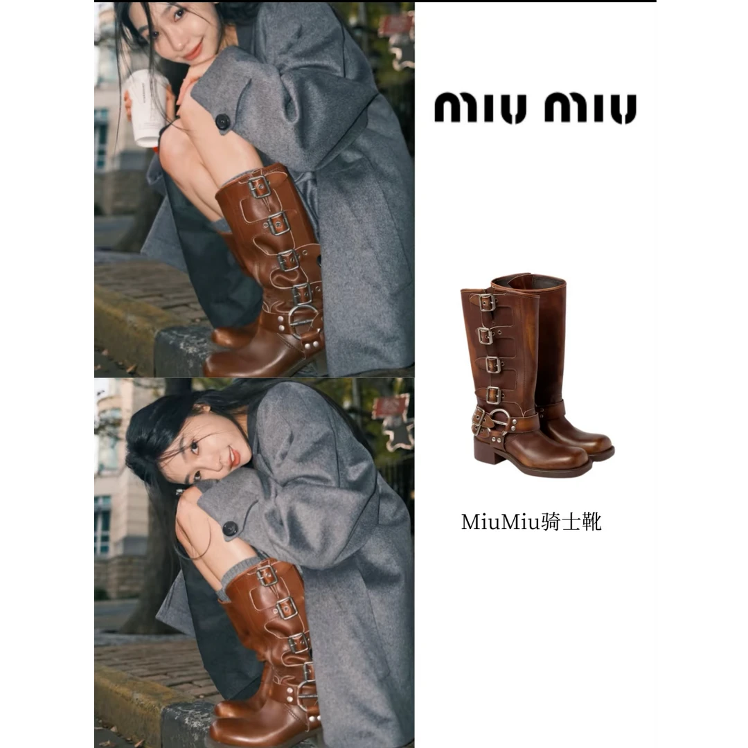 全新未使用 MIU MIU/缪缪 汤/TP030938/中筒靴搭扣做旧复古马丁靴