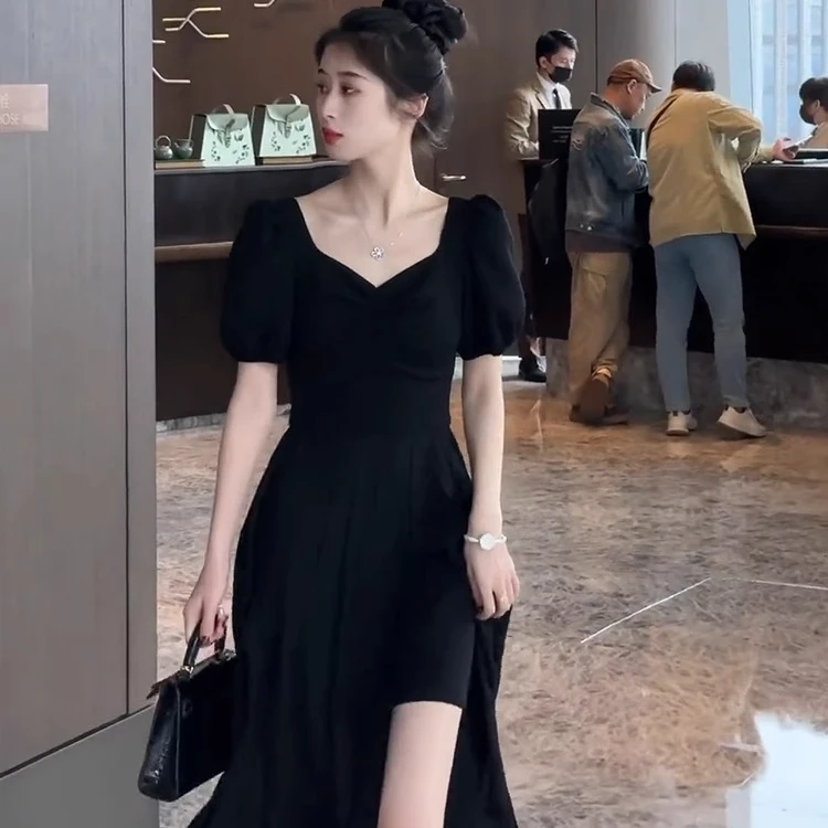 赫本风黑色开叉连衣裙子女夏季大码胖MM显瘦修身收腰高端精致长裙