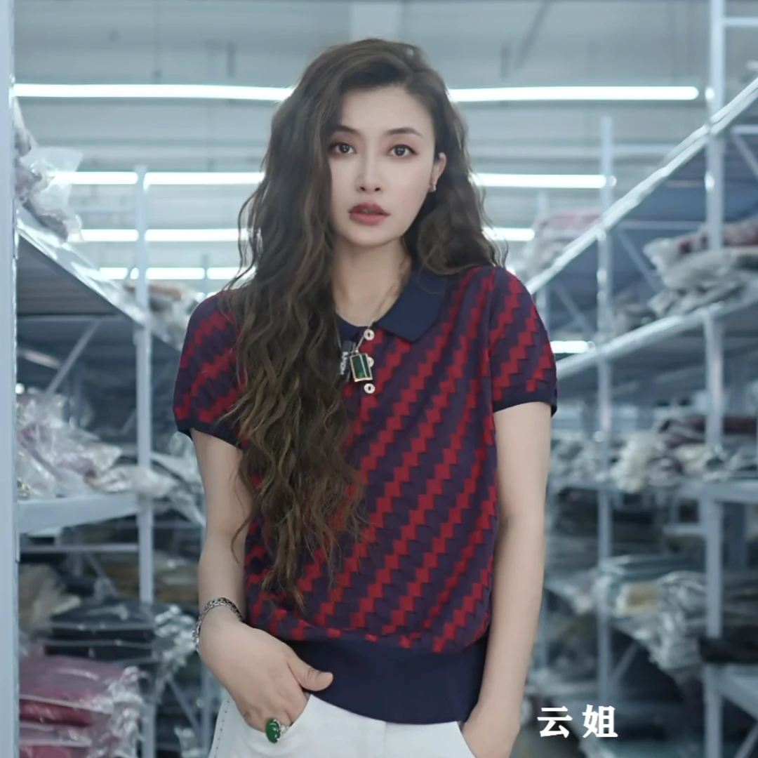 【倩倩精选】韩版时尚气质翻领格纹撞色提花减龄百搭针织衫A332#