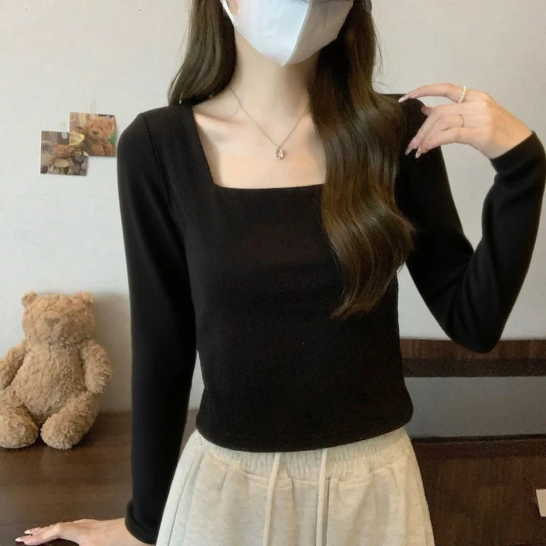 黑色方领露锁骨打底衫女内搭2025秋冬修身显瘦纯棉上衣长袖T恤ins