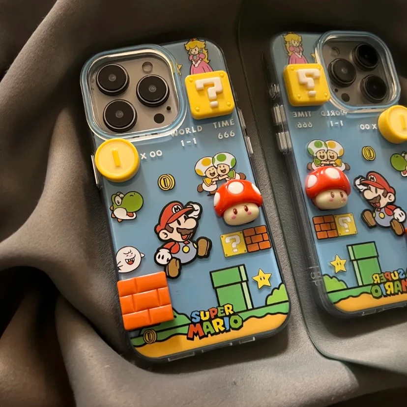 蓝底马里奥闯关立体金币适用苹果16pro手机壳iphone15防摔14pro新