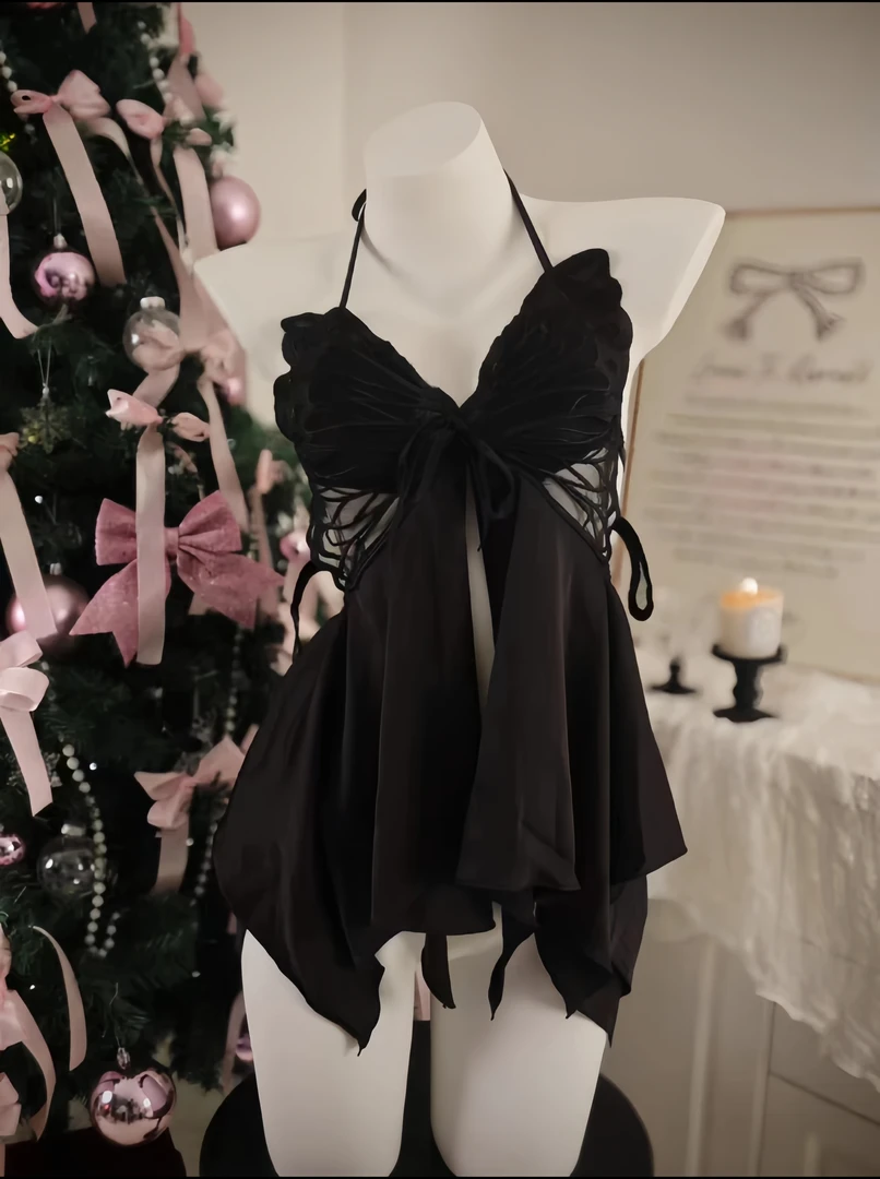 微醺【80-130斤】新款轻奢大蝴蝶系带挂脖缎面女露背纯欲性感睡裙