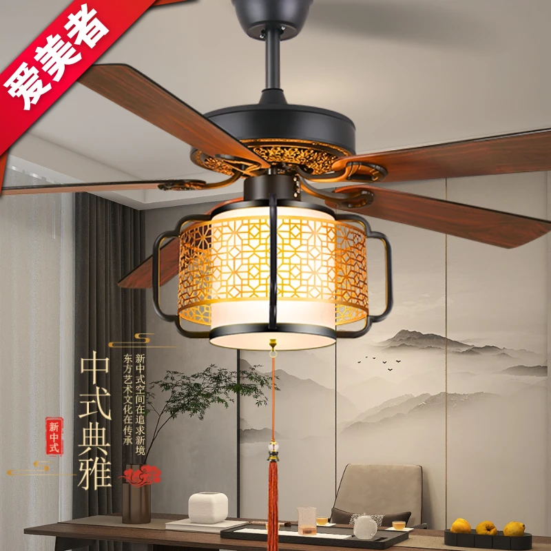 新中式灯笼风扇吊灯茶室餐厅客厅家用一体全光谱风力变频吊扇灯