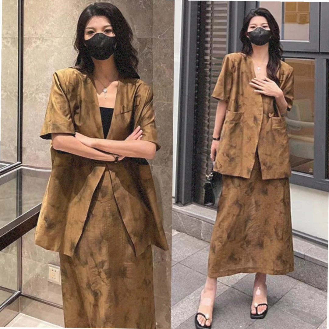 大码女胖复古水墨扎染新中式西装半身裙夏季职业两件套装200斤