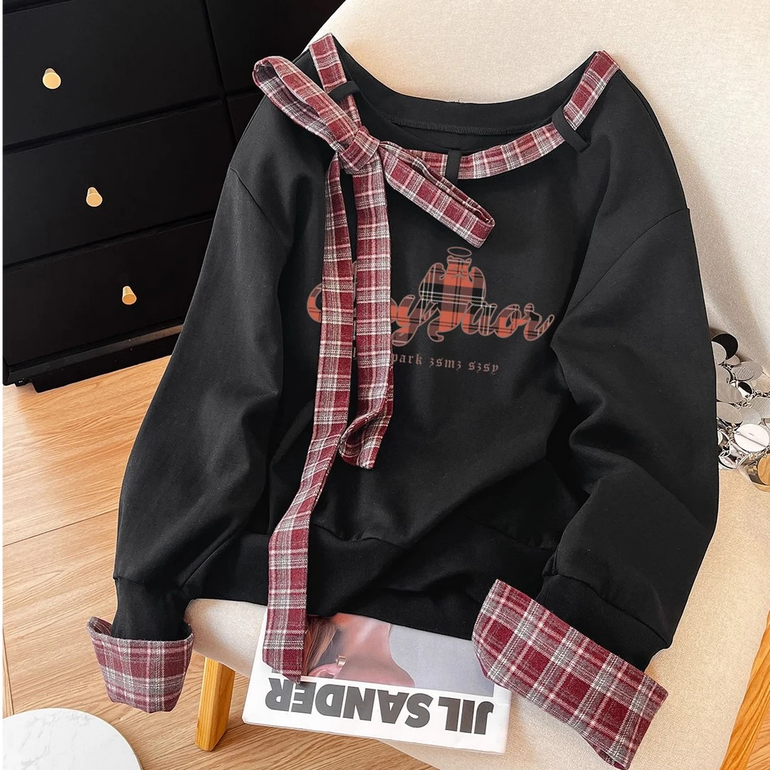 美式拼接格纹斜肩蝴蝶结卫衣男女秋冬季复古独特别致小众长袖上衣