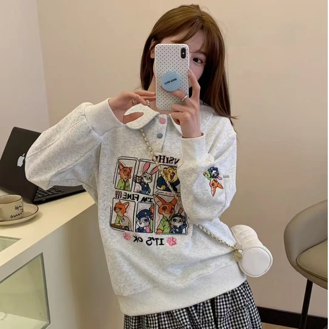 奶乖娃娃领减龄洋气动物城卫衣女春季宽松小个子多巴胺翻领上衣薄