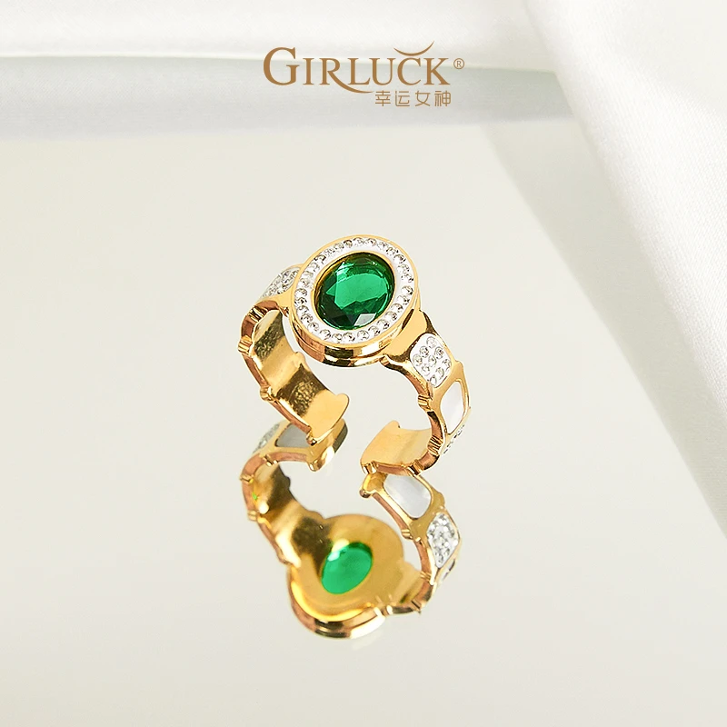 钛钢琉璃戒指 GIRLUCK-绿色竹节开口戒指