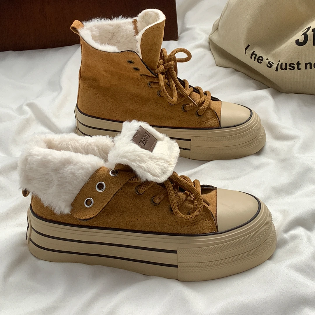 驼色女士加绒高帮帆布鞋2025秋冬新款厚底增高保暖透气舒适板鞋潮