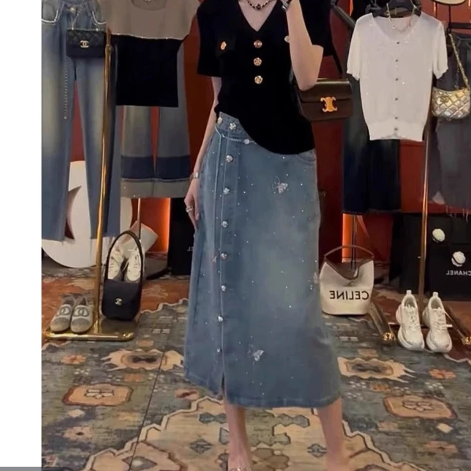 欧货高定〜蝴蝶镶钻开叉半身裙牛仔半身裙