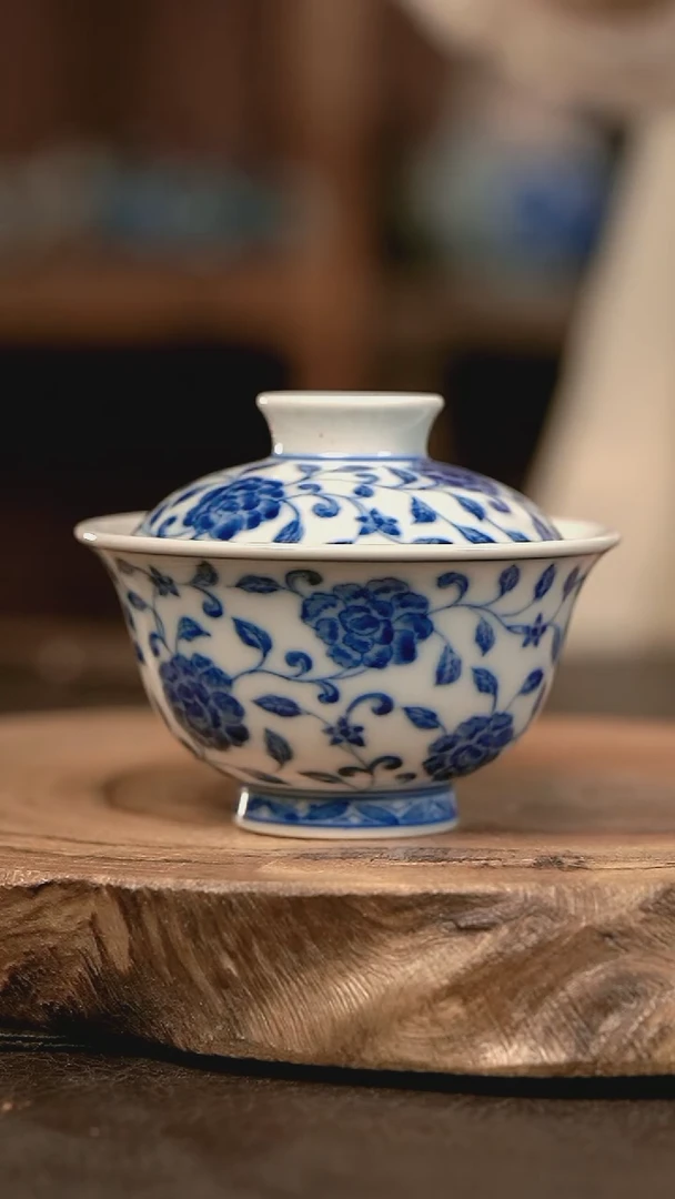 手绘高温现代瓷柴窑  缠枝花卉小元宝100C