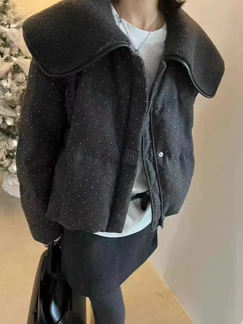 【屿见•轻奢】韩系羊羔毛大翻领烫钻棉服女2024冬新款时尚保暖外套