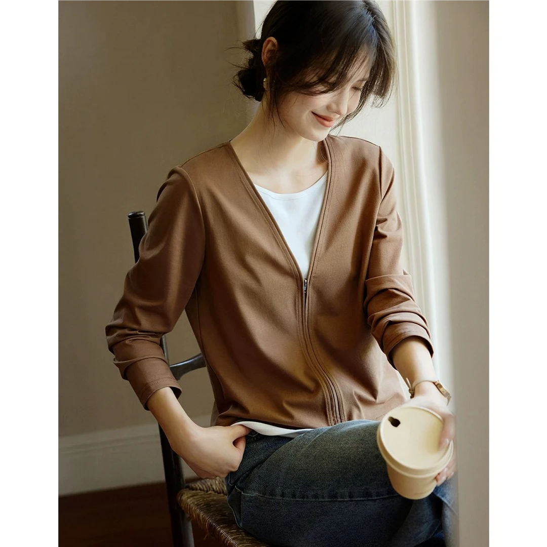 通勤撞色拉链式假两件长袖T恤女春显瘦小众不撞款咖色上衣