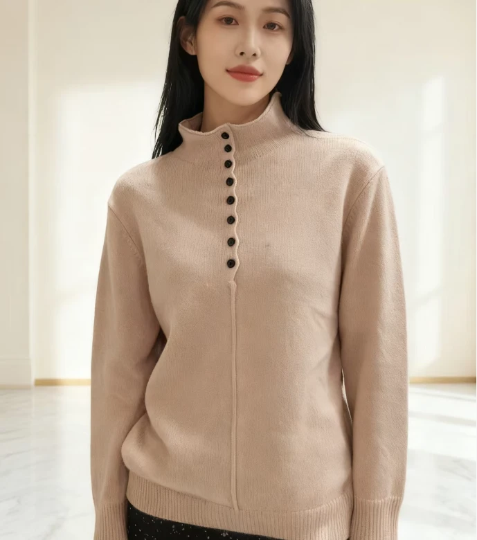 【雅丹风-浅粉】新款时尚秋冬季半开纽扣款针织上衣334打底衫