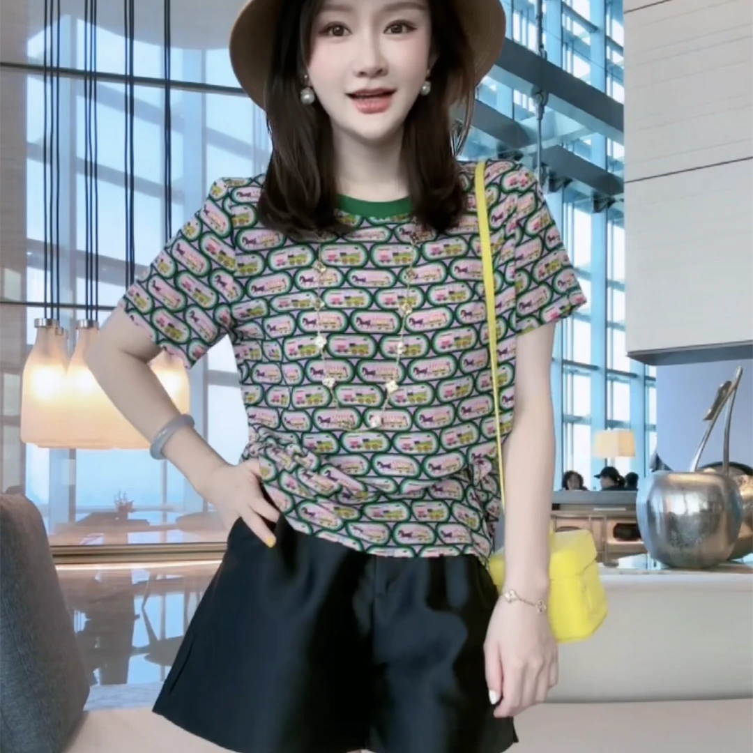 【丝芙玉禄】（B2）新款高端圆领宽松马车印花图案桑蚕丝T