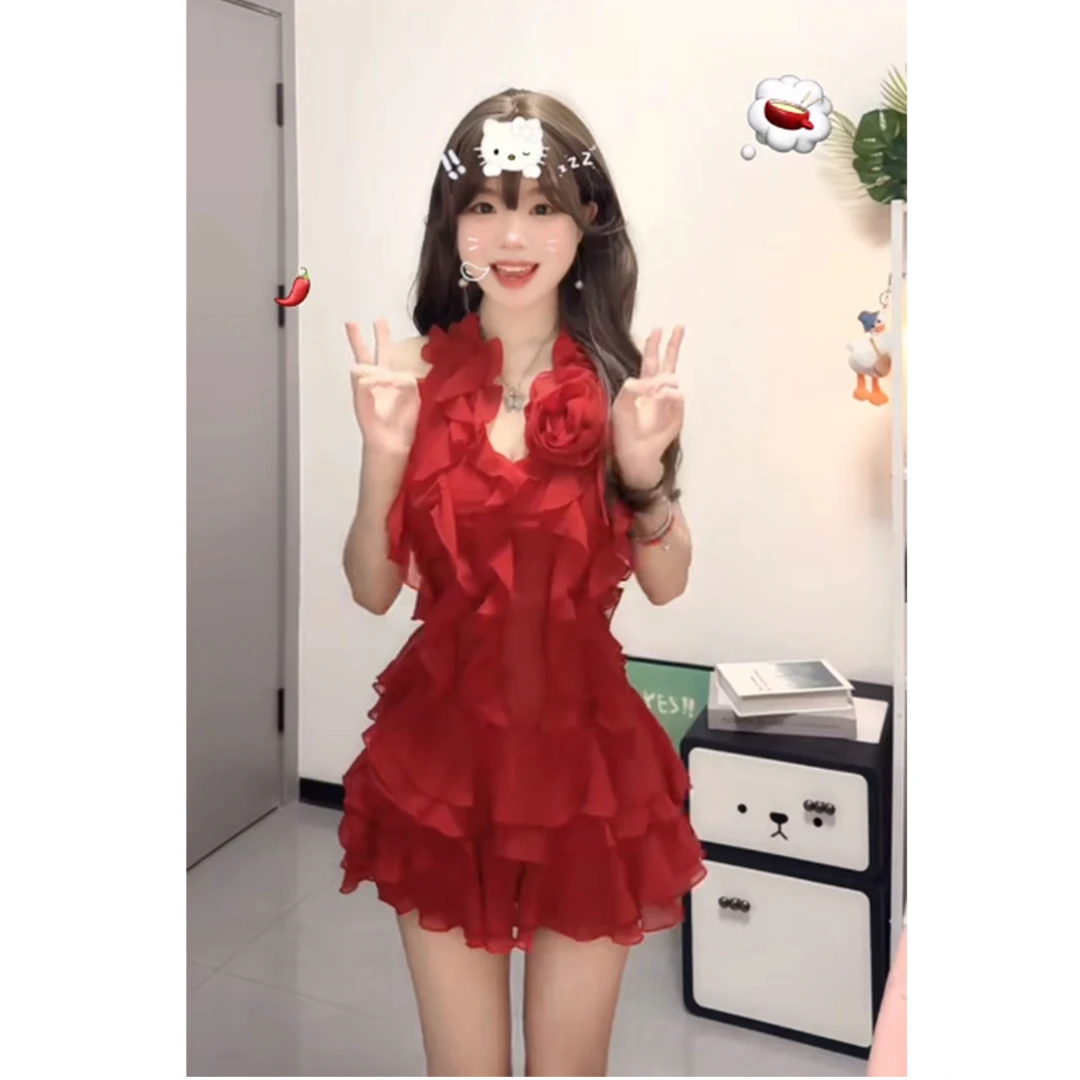 2025夏季新款性感红色辣妹挂脖显瘦套装荷叶边上衣配显瘦蓬蓬短裙