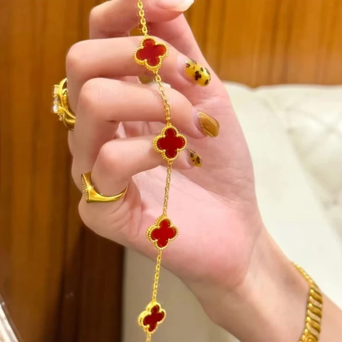 铜合金项链  高保色双面四叶草金色五花手链小众奢华仿真手镯经典