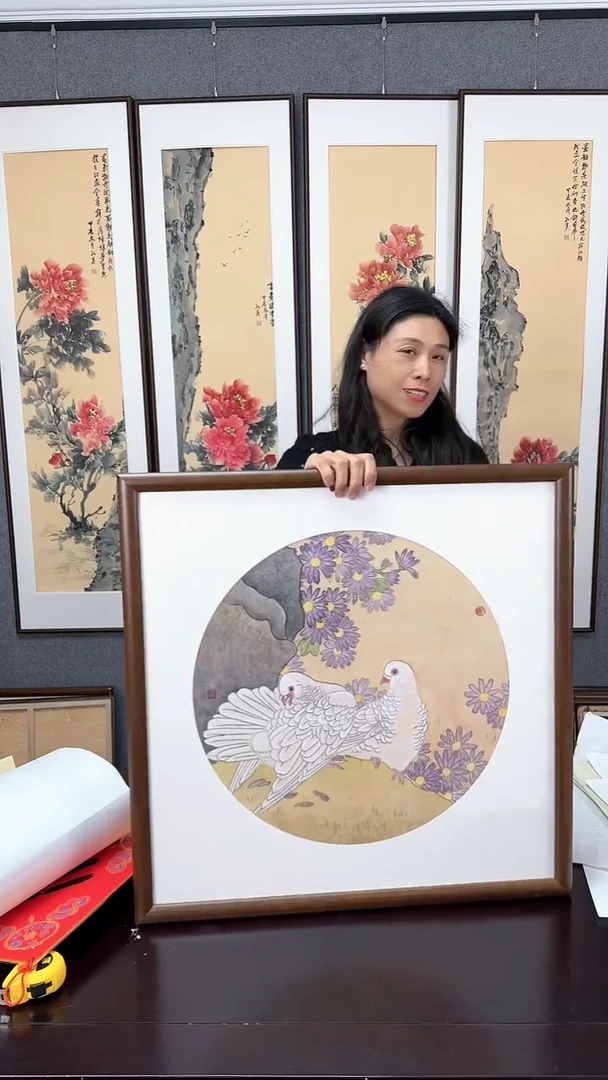 【闪购商品】国画鸽子 实木装裱