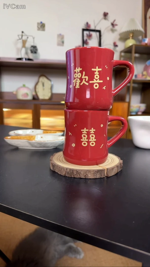 陶瓷红色杯2个微瑕
