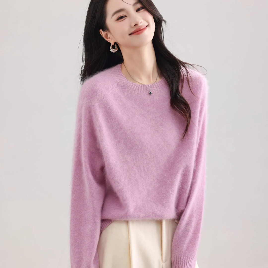 宽松慵懒风韩版针织打底衫2025秋冬款圆领羊毛拉绒无缝毛衣25662