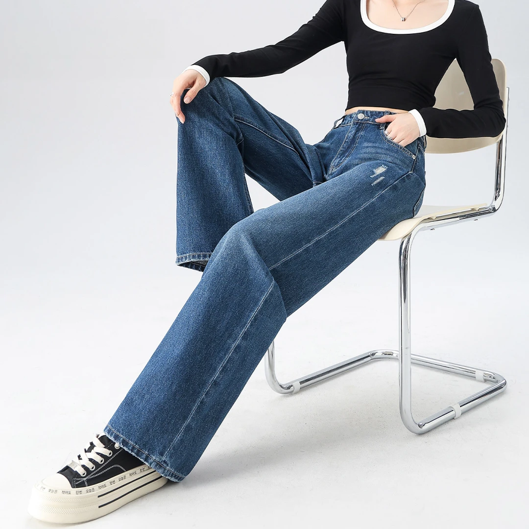 破洞直筒牛仔裤女春秋新款2025年时尚高级感垂感显瘦窄版阔腿裤女