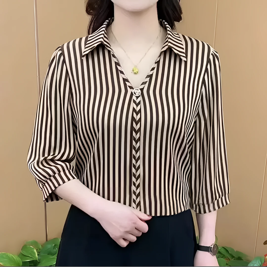 女士气质夏季薄款韩版时髦洋气条纹宽松中袖女装小衫百搭衣服直播