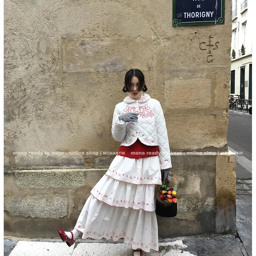 MONA 简笔画绣花时尚 棉衣外套中腰半身裙小个子 2024新款冬季