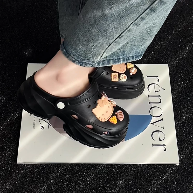 夏季纯色厚底洞洞鞋女款新款百搭外穿防滑软底踩屎感增高包头拖鞋