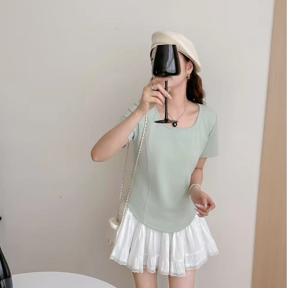 【福利】莫代尔拼接短袖可爱风方领基础大众T恤设计感休闲显瘦短款