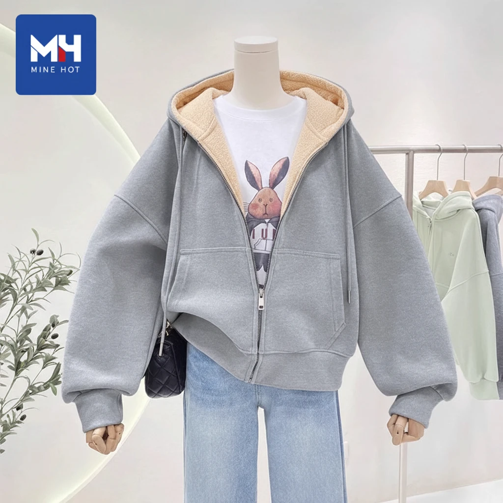 唐狮集团MH连帽卫女2025新款衣外套麻灰色上衣秋冬保暖穿搭开衫L