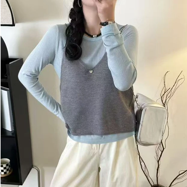 2025韩系温柔百搭圆领撞色上衣套头T恤+吊带背心针织两件套针织衫