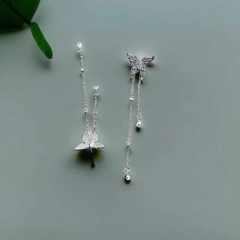 足银耳饰 四宝银饰足银蝴蝶流苏耳钉气质超仙仙气长款时尚精美